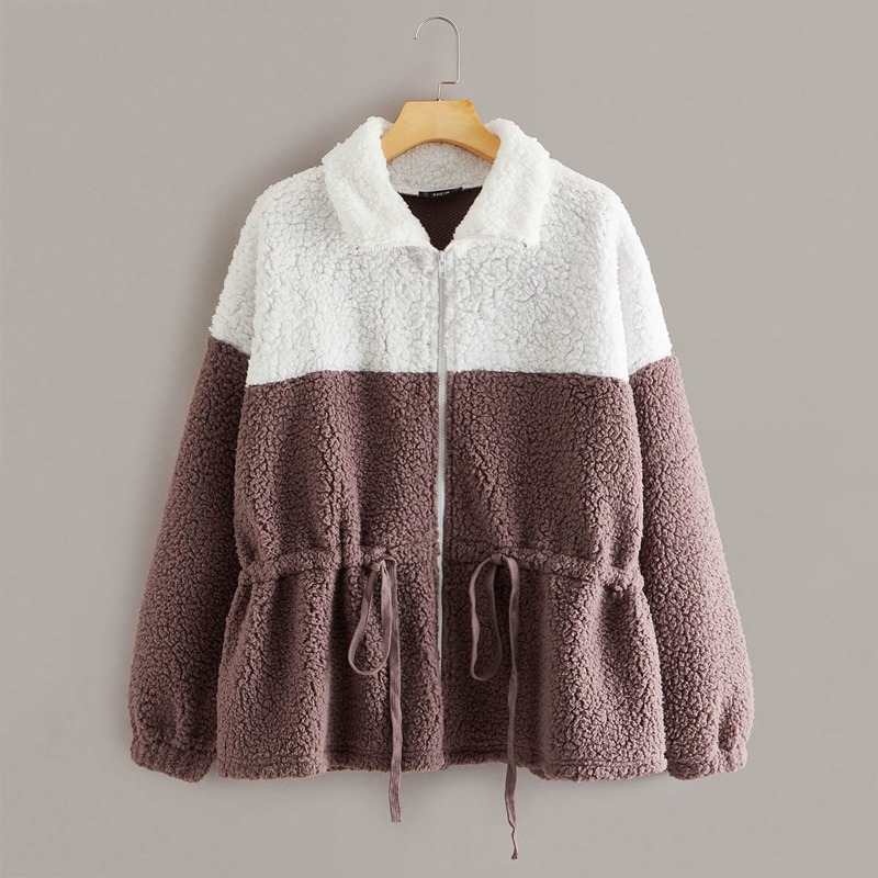 

Zip Up Drawstring Waist Teddy Jacket, Multicolor