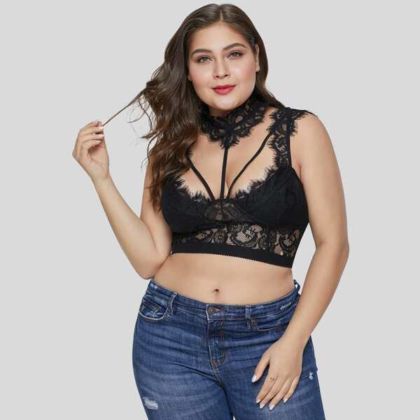 

Plus Floral Lace Harness Bralette With Choker, Black
