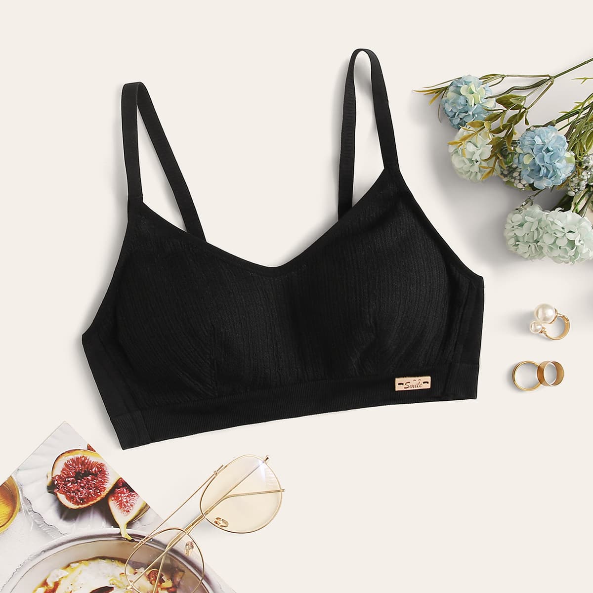 

Solid Adjustable Strap Bralette, Black