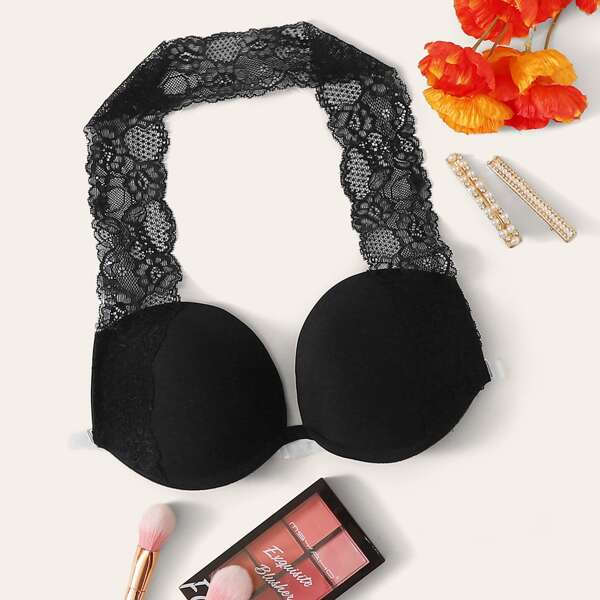 

Contrast Lace Underwire Halter Bra, Black