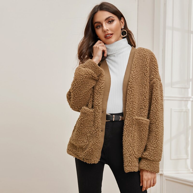 

Buttoned Pocket Front Teddy Coat, Camel