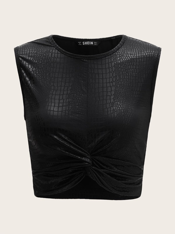 

Twist Front Crocodile Embossed Tank Top, Black