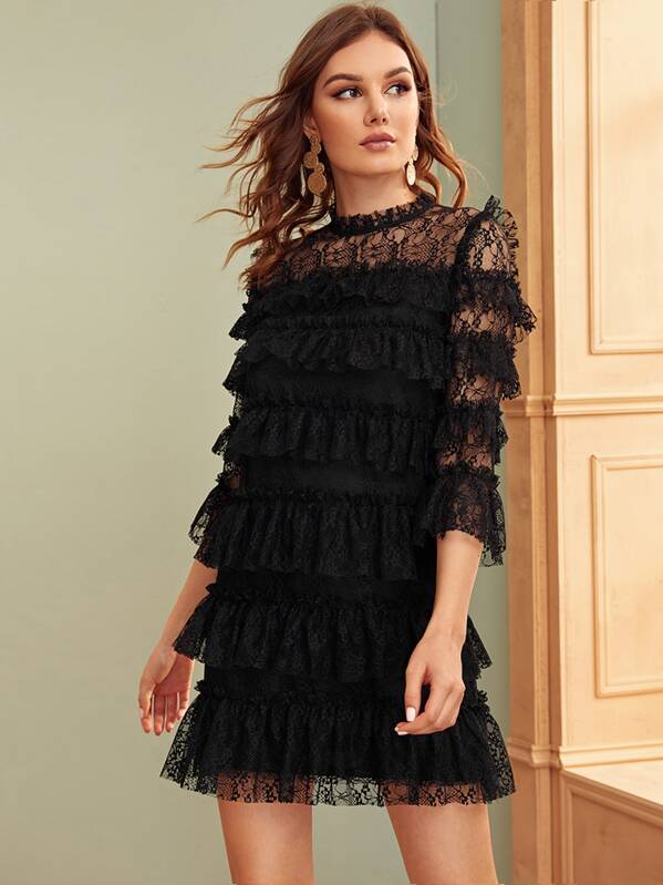 

Zipper Back Sheer Layered Lace Overlay Dress, Black, Vlada