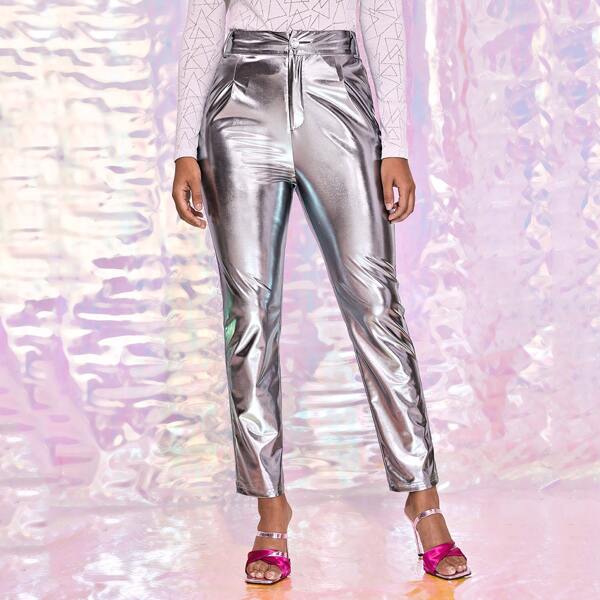 

High Waist Metallic Cigarette Pants, Grey