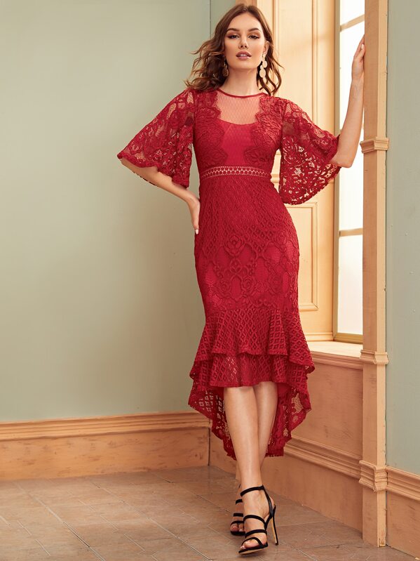 

Zipper Back Layered Mermaid Lace Overlay Dress, Red, Vlada