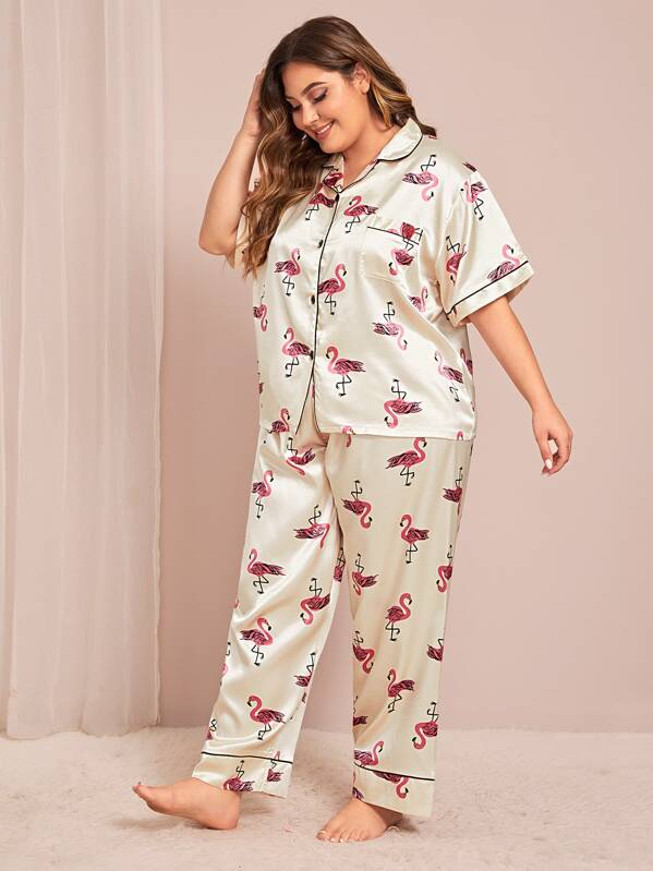 

Plus Flamingo Print Button-up Satin PJ Set, Beige, Carol