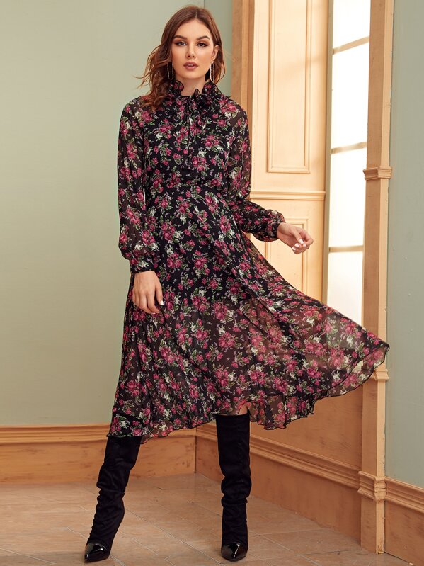 

Tied Ruffle Neck Floral Dress, Multicolor, Vlada