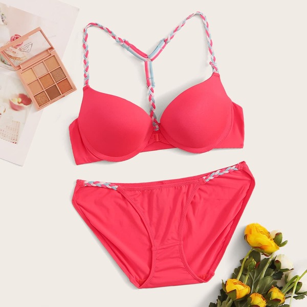 

Neon Pink Braided Strap Underwire Lingerie Set, Pink bright