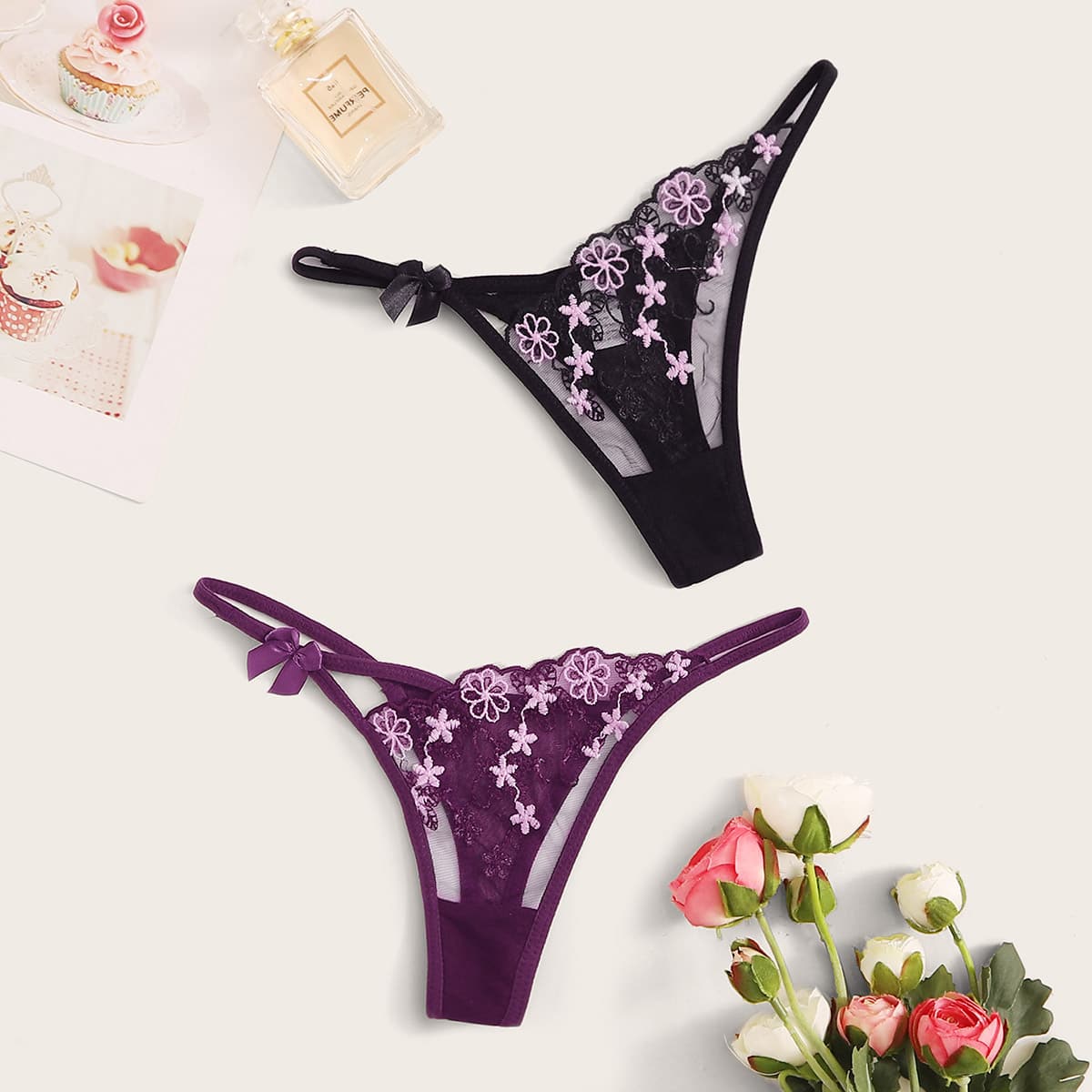 

2pack Floral Lace Harness Sheer Panty, Multicolor