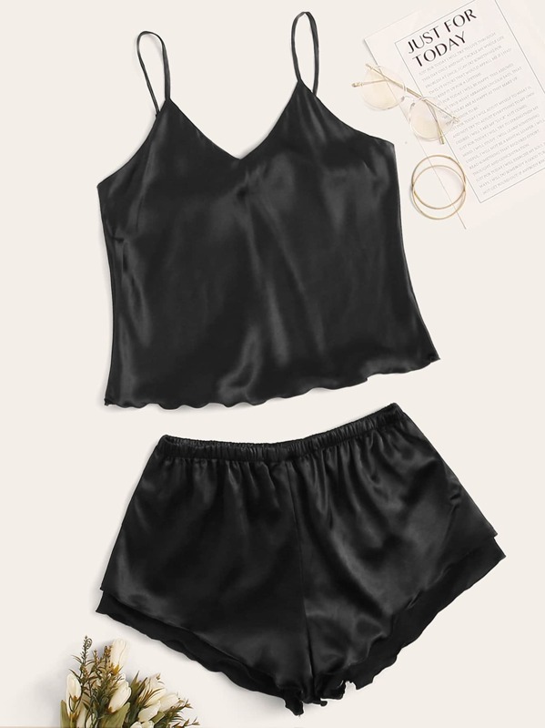 

Frill Trim Satin Cami PJ Set, Black