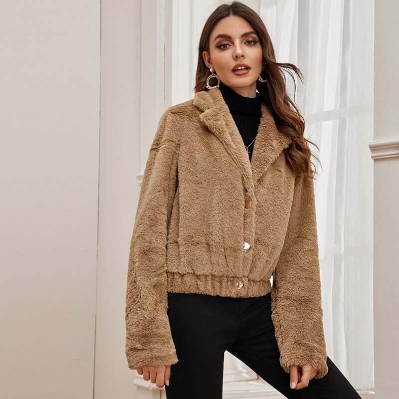 

Notched Collar Buttoned Front Faux Fur Coat, Camel