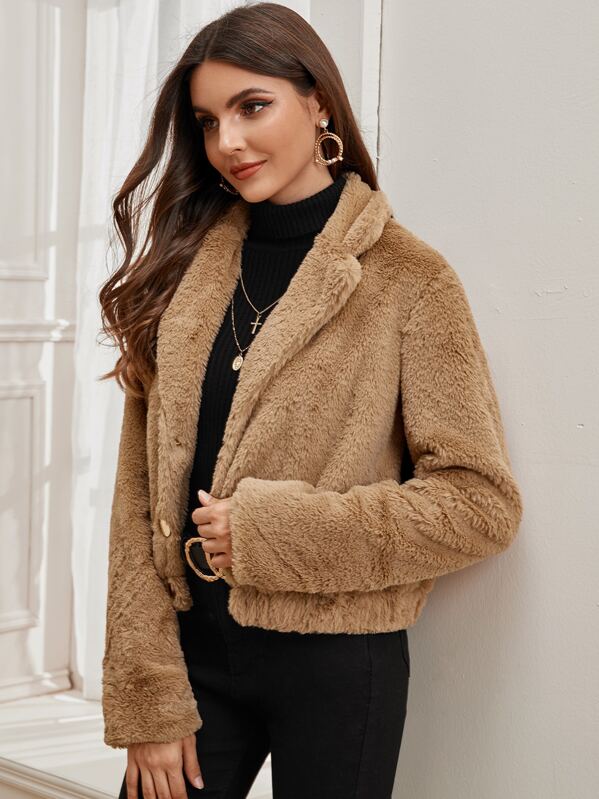 

Notched Collar Buttoned Front Faux Fur Coat, Camel, Barbara C