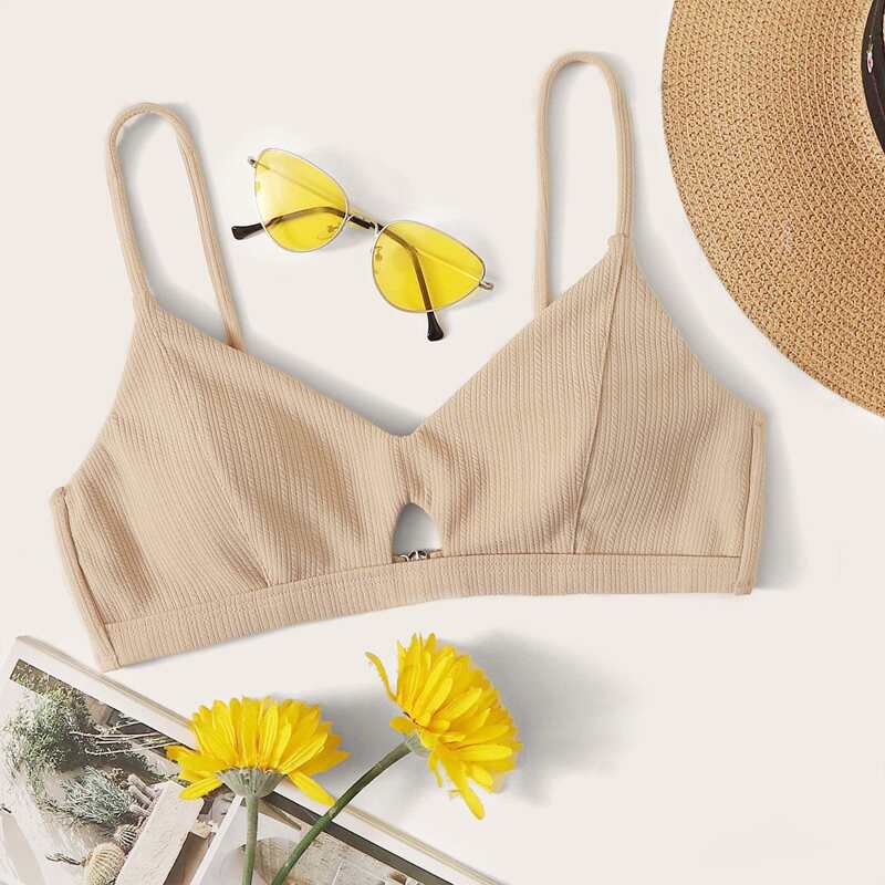 

Textured Solid Bikini Top, Khaki