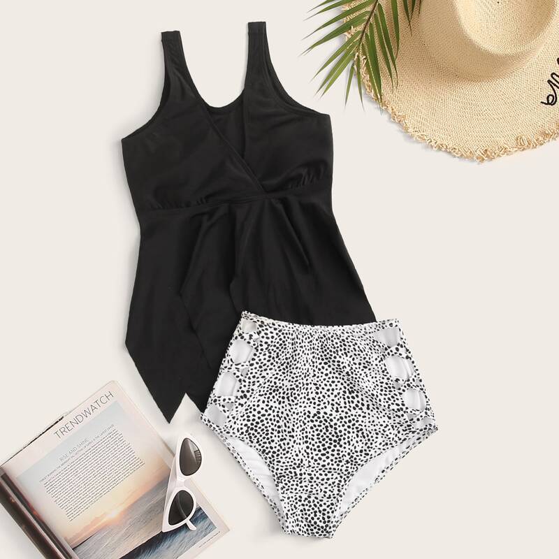 

Asymmetrical Hem Top With High Waist Tankini, Black and white