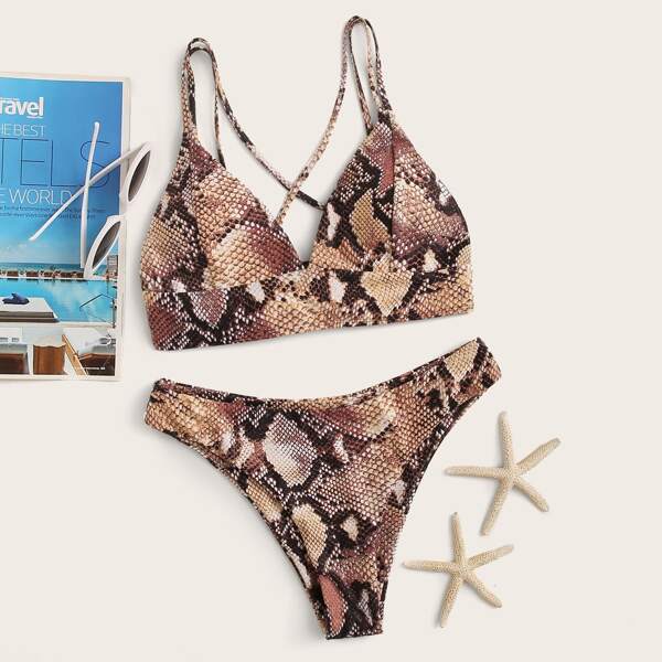 

Snakeskin Lace-up Back High Cut Bikini Swimsuit, Multicolor