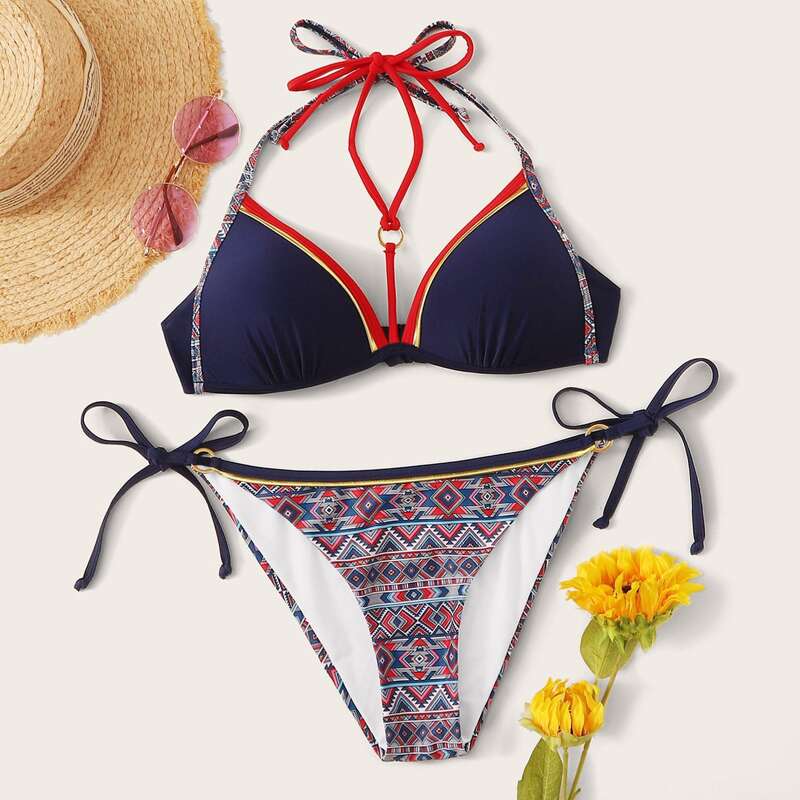 

Harness Triangle Top With Tribal Tie Side Bikini Set, Multicolor