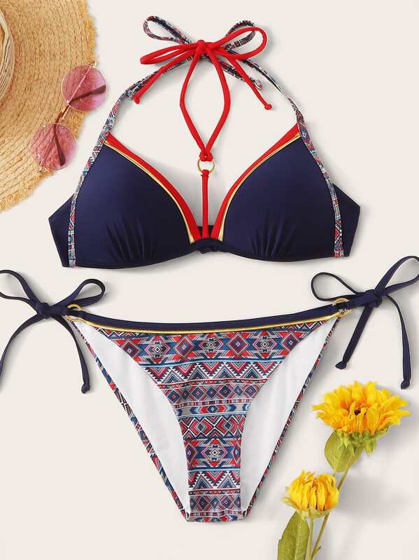 

Harness Triangle Top With Tribal Tie Side Bikini Set, Multicolor