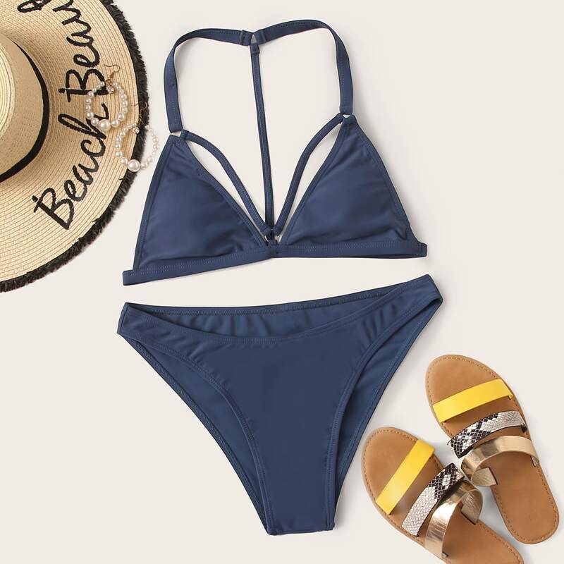 

Harness Triangle Top With Cheeky Bikini Set, Navy