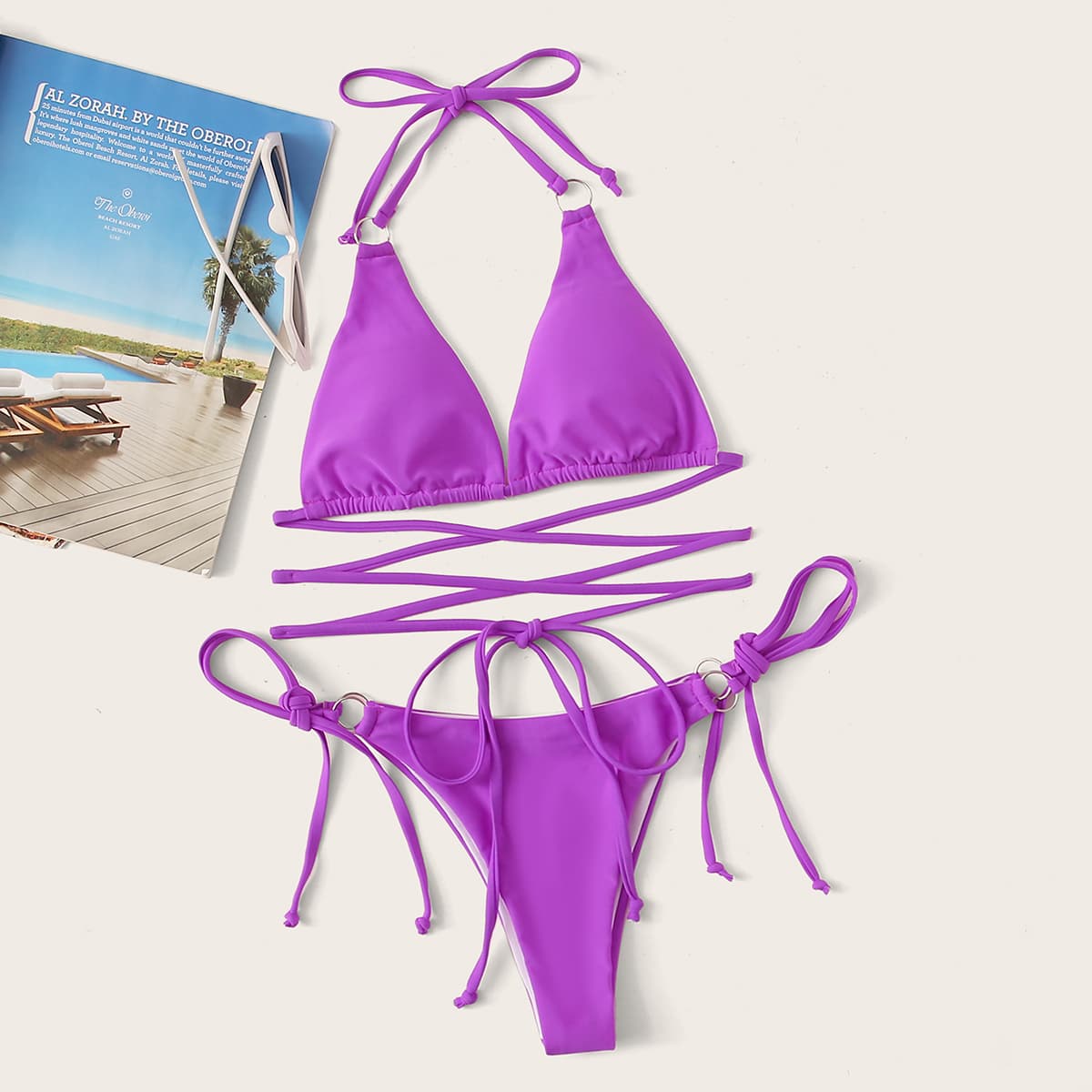

Ring Linked Triangle Tie Side Bikini Swimsuit, Purple
