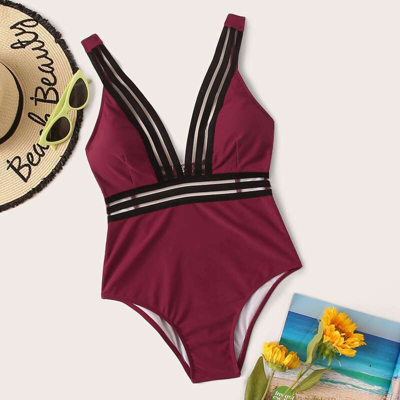 

Contrast Mesh One Piece Swimsuit, Burgundy