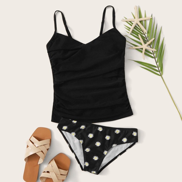 

Ruched Top With Daisy Cheeky Tankini Set, Black