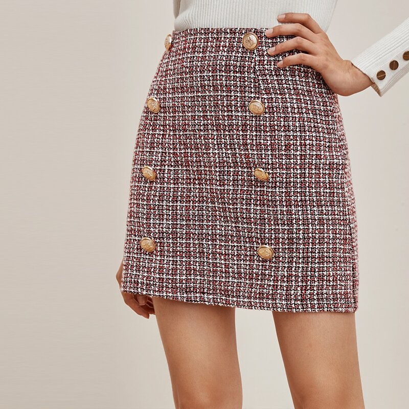 

Double Breasted Front Tweed Skirt, Burgundy