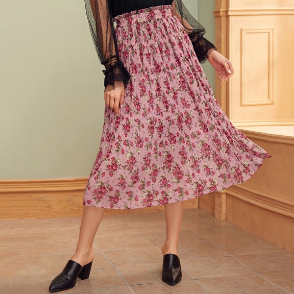 

Floral Print Paperbag Waist Pleated Skirt, Pink pastel