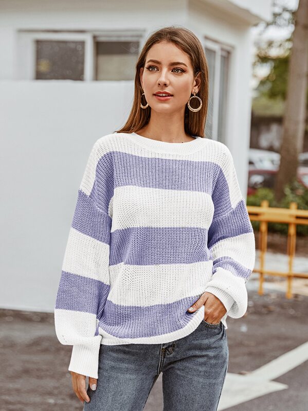 

Two Tone Striped Lantern Sleeve Sweater, Multicolor, Debi Cruz
