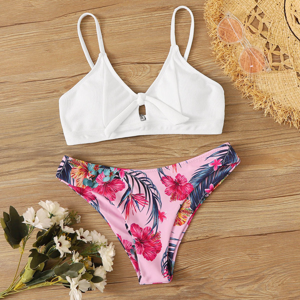 

Rib Knot Front Top With Floral Print High Cut Bikini, Multicolor