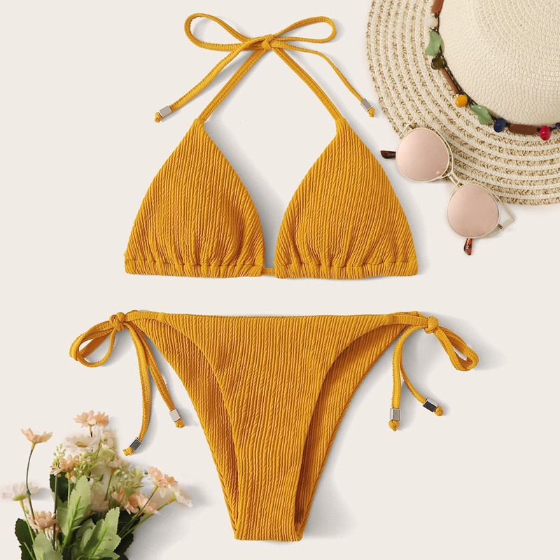 

Solid Triangle Tie Side Bikini Swimsuit, Yellow