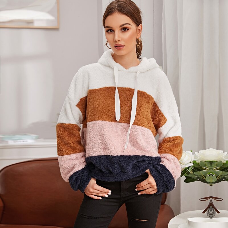 

Colorblock Drop Shoulder Drawstring Teddy Hoodie, Multicolor