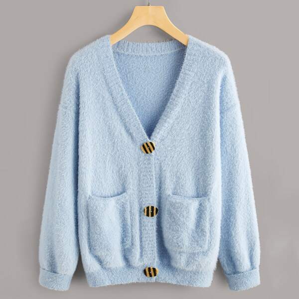 

Fluffy Knit Double Pocket Button Front Cardigan, Blue pastel