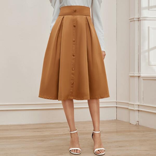 

Zipper Back Solid Flare Skirt, Camel
