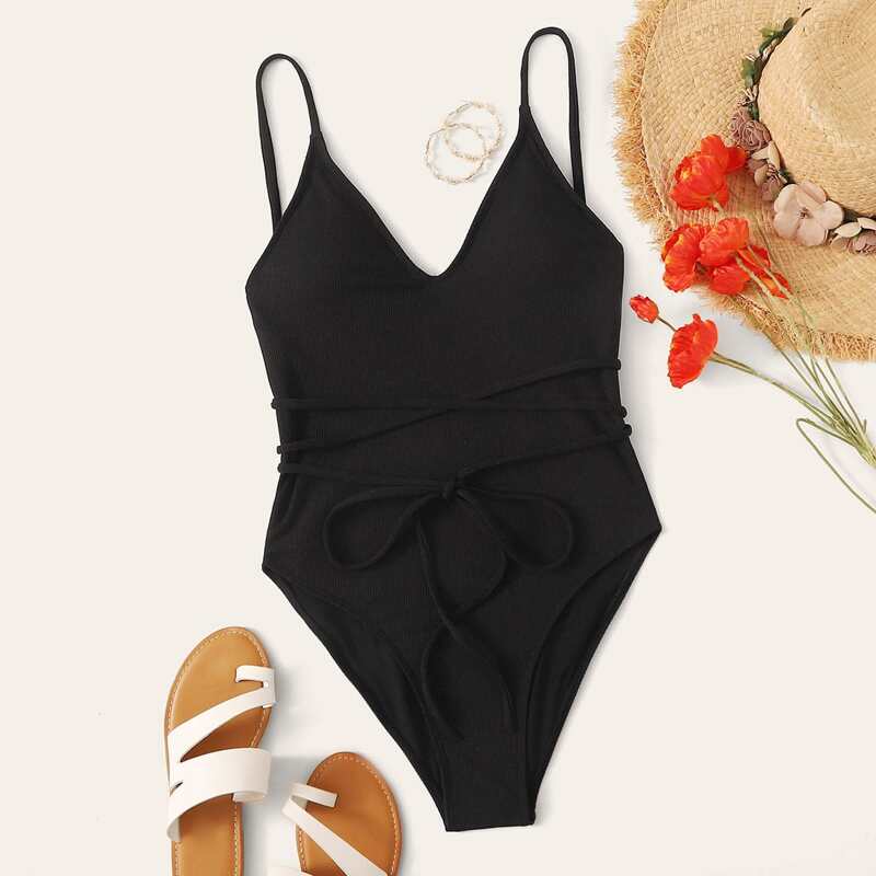 

Rib Tie Front One Piece Swimsuit, Black