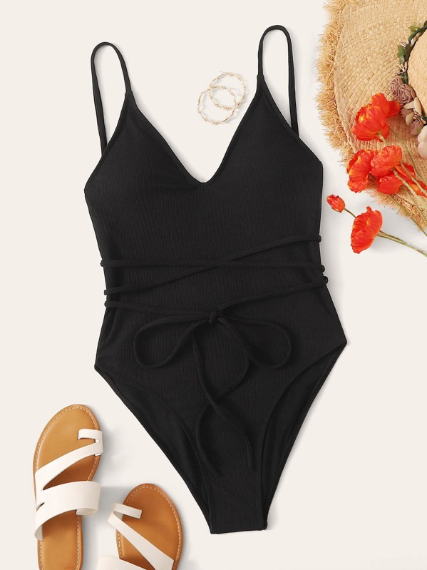 

Rib Tie Front One Piece Swimwear, Black