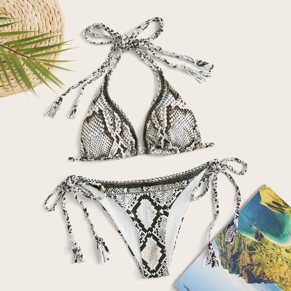 

Snakeskin Triangle Top With Tie Side Bikini Set, Multicolor