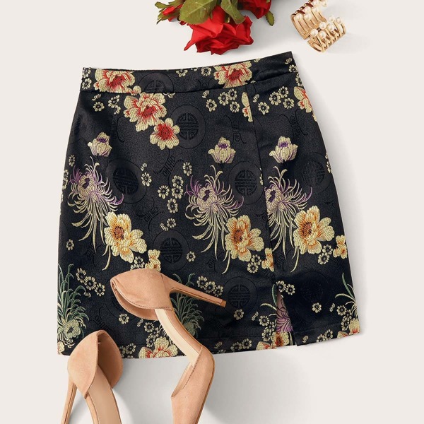 

Split Hem Floral Jacquard Skirt, Black