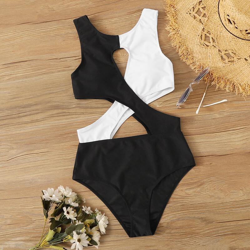 

Two Tone Criss Cross One Piece Swimwear, Black and white