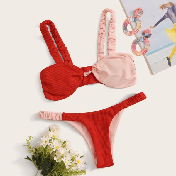 

Two Tone Textured Top With Thong Bikini Set, Multicolor
