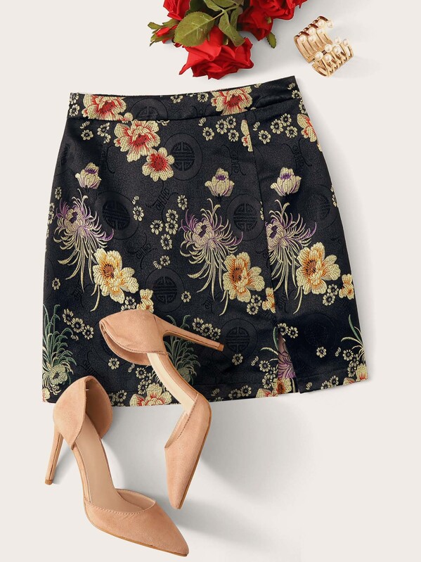 

Split Hem Floral Jacquard Skirt, Black