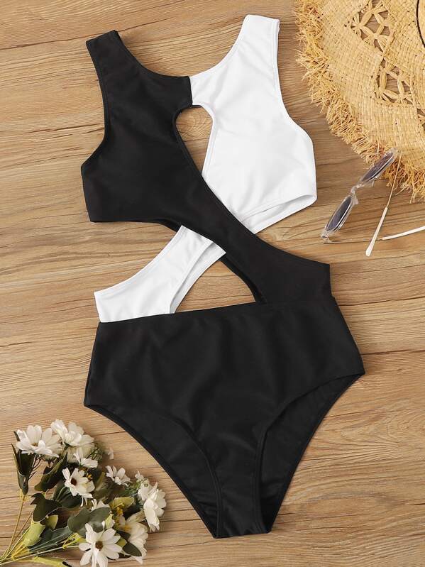 

Two Tone Criss Cross One Piece Swimwear, Black and white