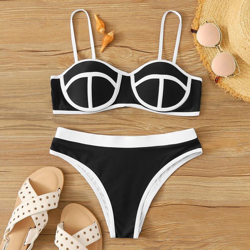 

Contrast Trim Underwire Bikini Set, Black and white