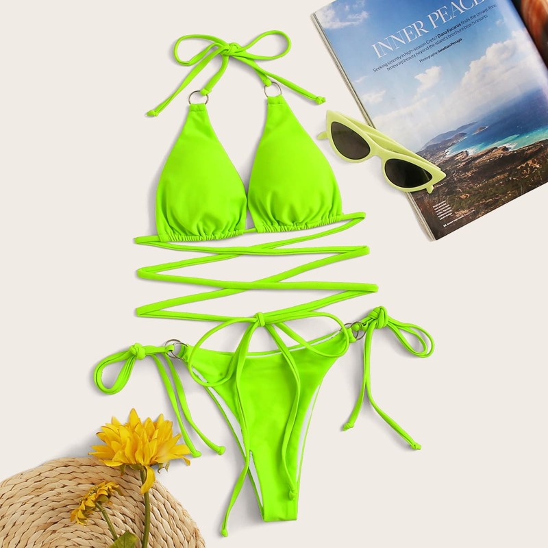 

Neon Green Ring Linked Tie Side Bikini Swimsuit, Bright lime green