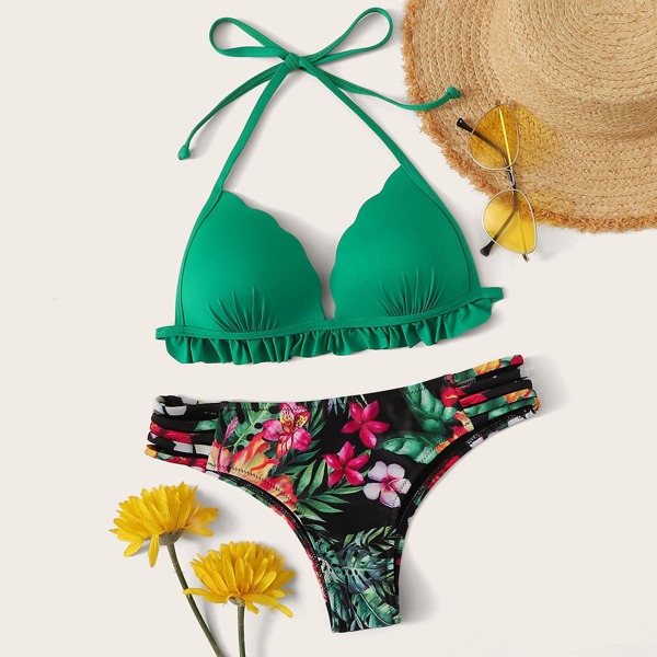 

Tropical Frilled Trim Halter Bikini Swimsuit, Multicolor