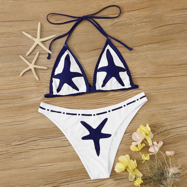 

Star Print Triangle Top With High Cut Bikini Set, Multicolor