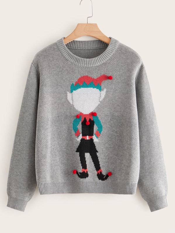 

Plus Pom Pom Detail Figure Sweater, Grey