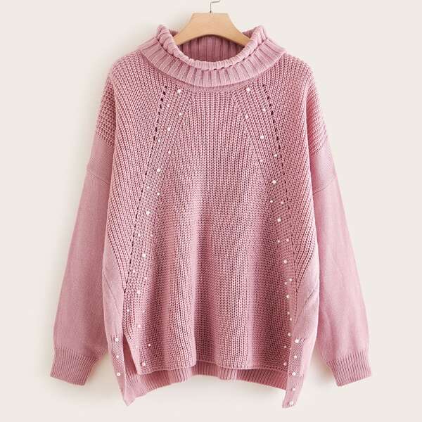 

Plus Funnel Neck Pearls Detail Asymmetrical Hem Sweater, Pink pastel