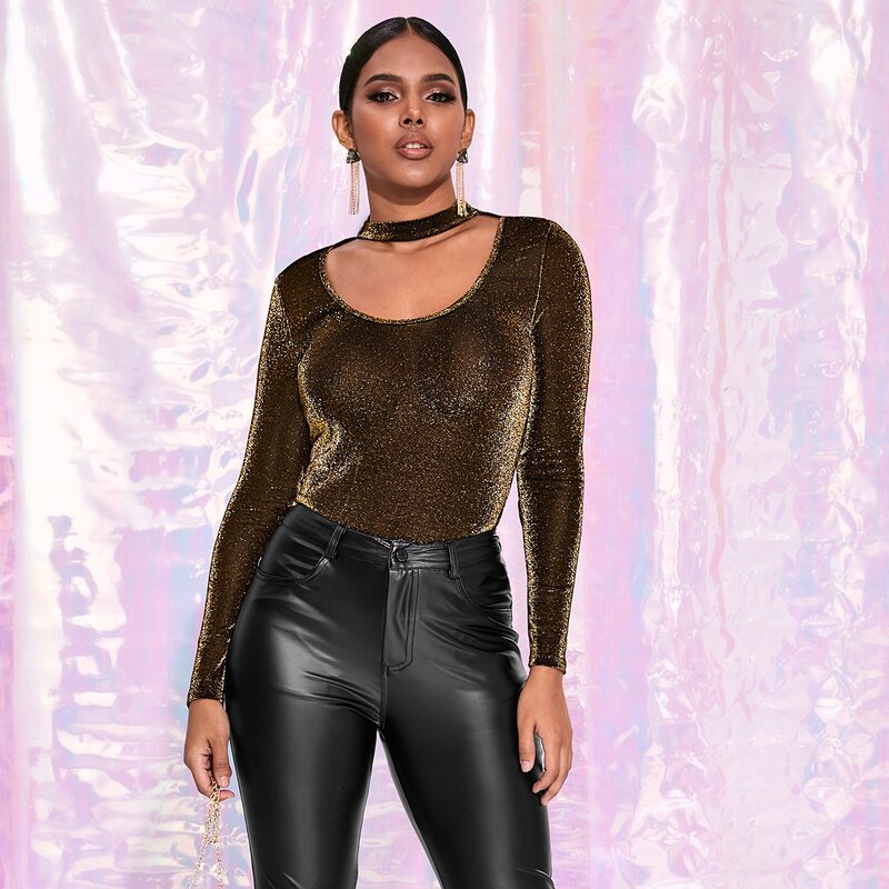 

Choker Neck Slim Glitter Top, Gold