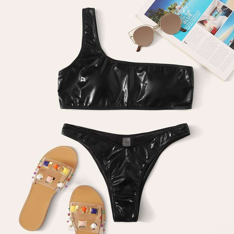 

PU One Shoulder Top With High Cut Bikini Set, Black