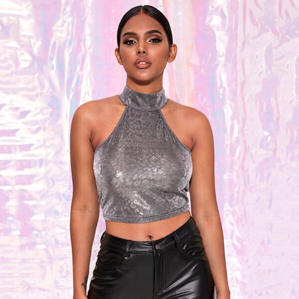 

Keyhole Back Leopard Metallic Halter Top, Grey